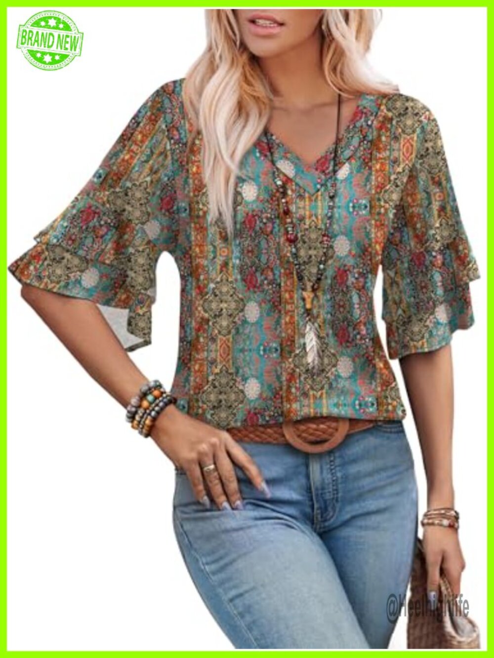 Womens Boho V-Neck Blouse 3/4 Bell Sleeve Peasant Top Casual Dressy